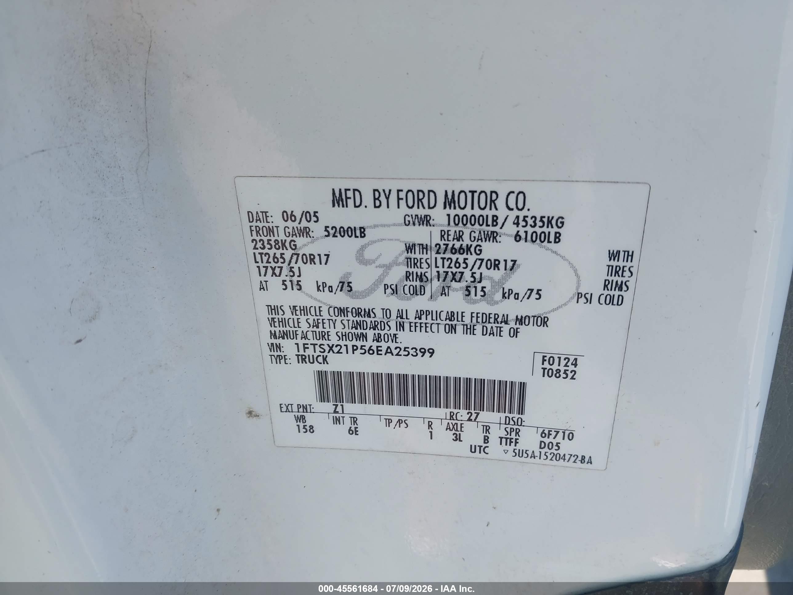 2006 Ford F-250 Lariat/xl/xlt White vin: 1FTSX21P56EA25399