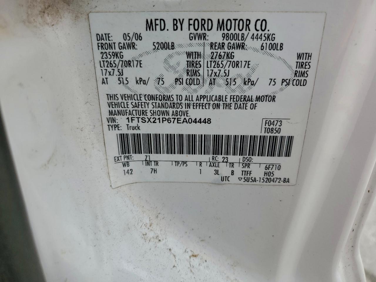 2007 Ford F250 Super Duty White vin: 1FTSX21P67EA04448