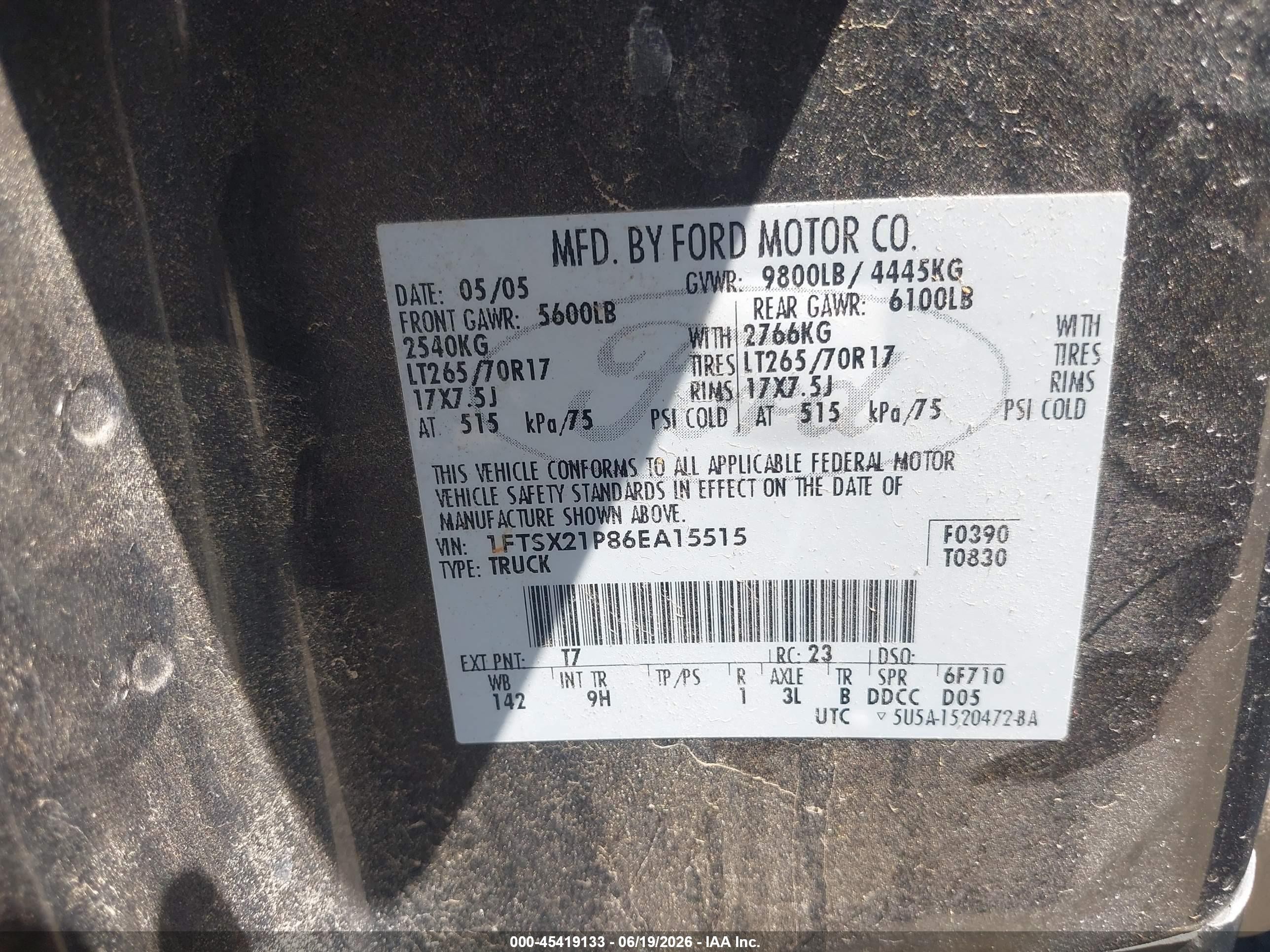 2006 Ford F-250 Lariat/xl/xlt Gray vin: 1FTSX21P86EA15515