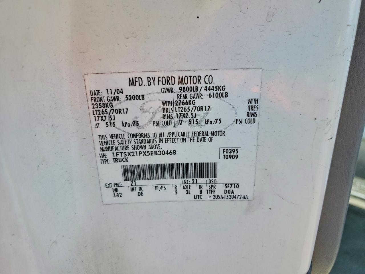 2005 Ford F250 Super Duty White vin: 1FTSX21PX5EB30468