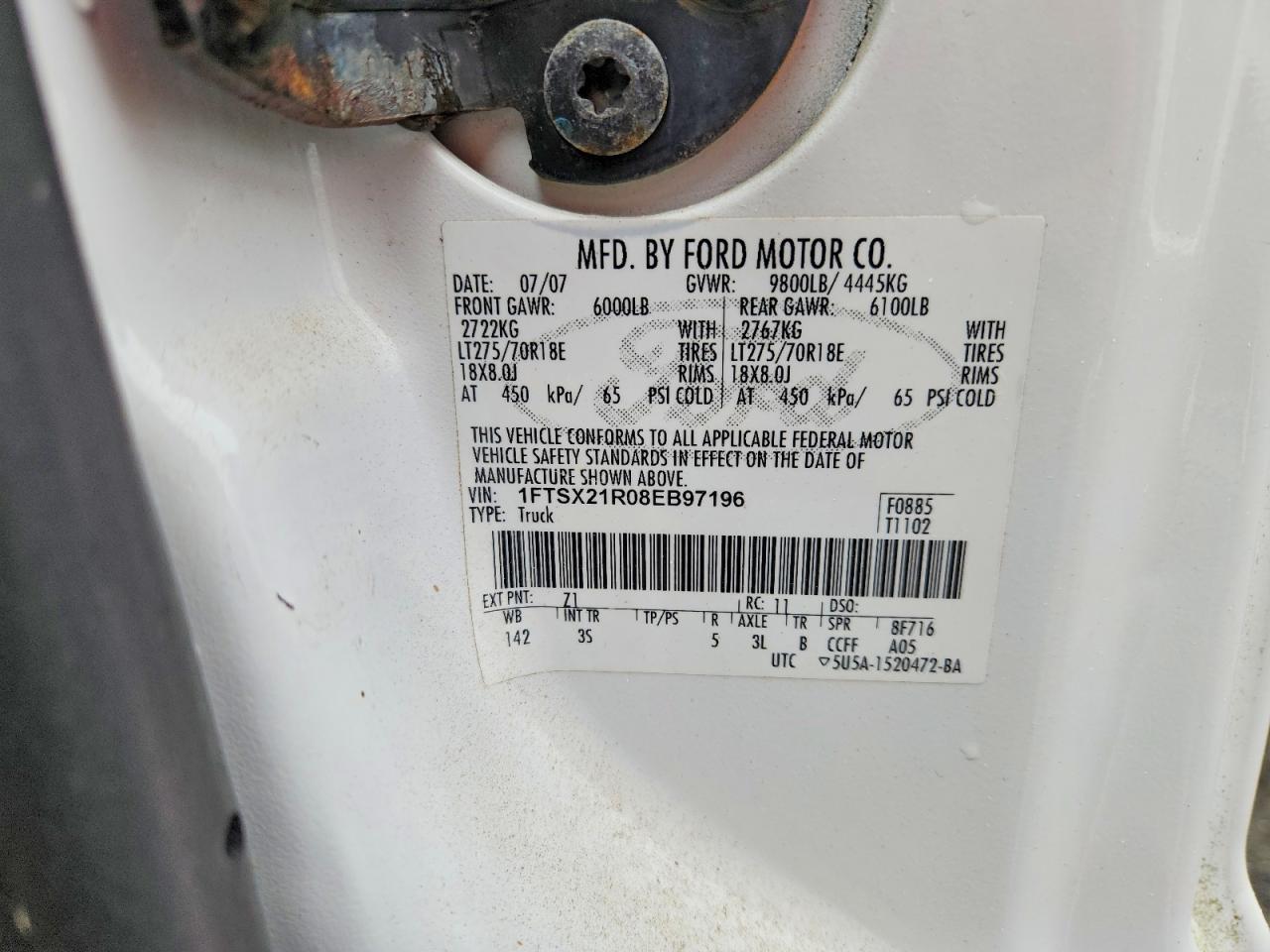 2008 Ford F250 Super Duty White vin: 1FTSX21R08EB97196