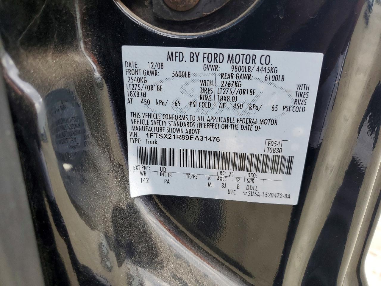 2009 Ford F250 Super Duty Black vin: 1FTSX21R89EA31476