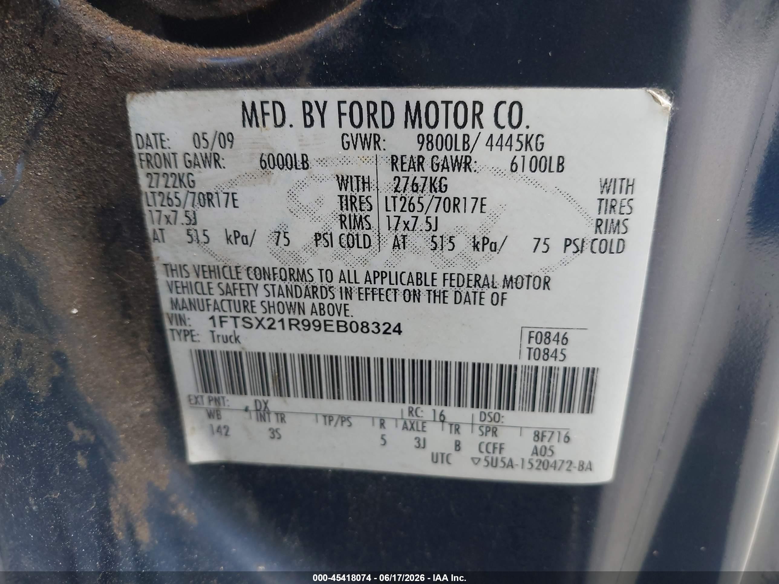 2009 Ford Super Duty F-250 Srw Fx4/lariat/xl/xlt Blue vin: 1FTSX21R99EB08324