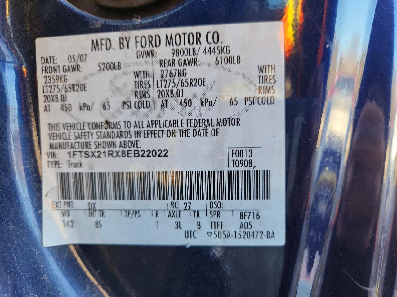 2008 Ford F250 Super Duty Blue vin: 1FTSX21RX8EB22022