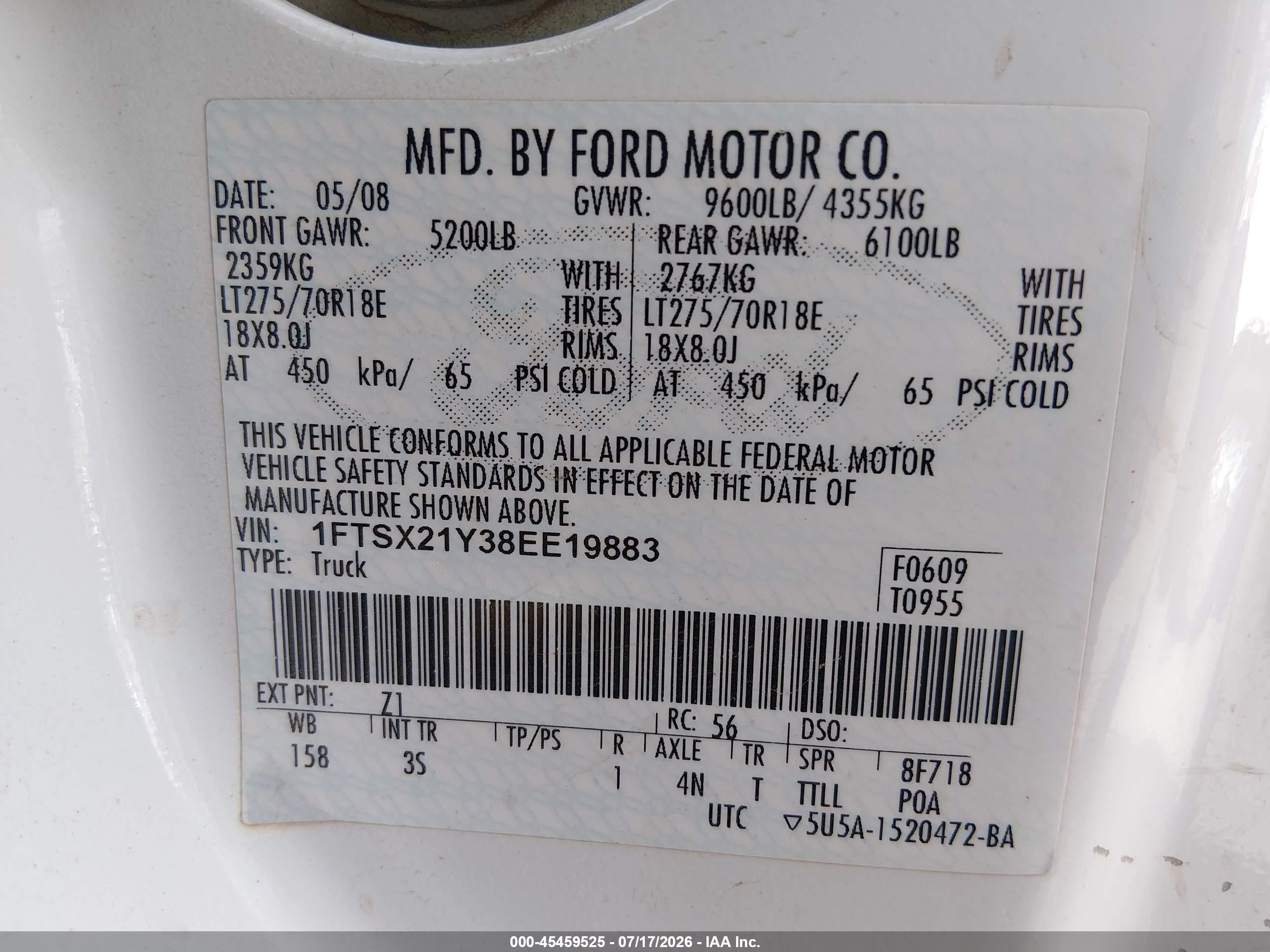 2008 Ford F-250 Fx4/lariat/xl/xlt White vin: 1FTSX21Y38EE19883