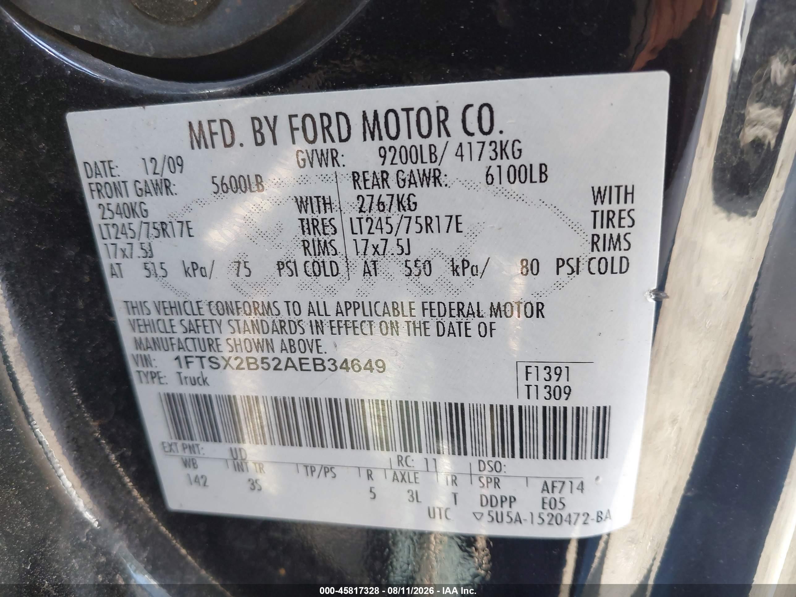 2010 Ford Super Duty F-250 Srw Lariat/xl/xlt Black vin: 1FTSX2B52AEB34649