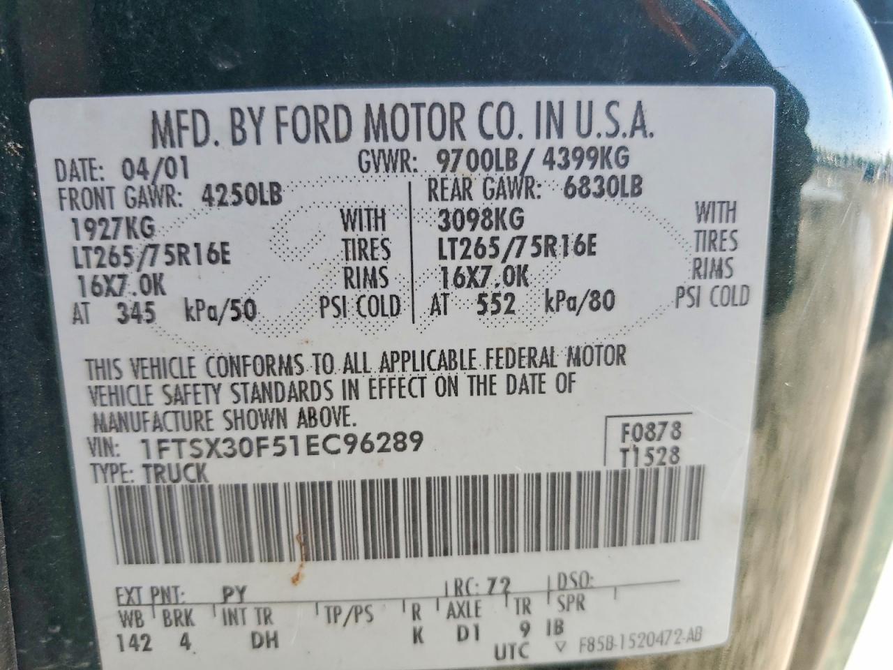 2001 Ford F350 Srw Super Duty Green vin: 1FTSX30F51EC96289