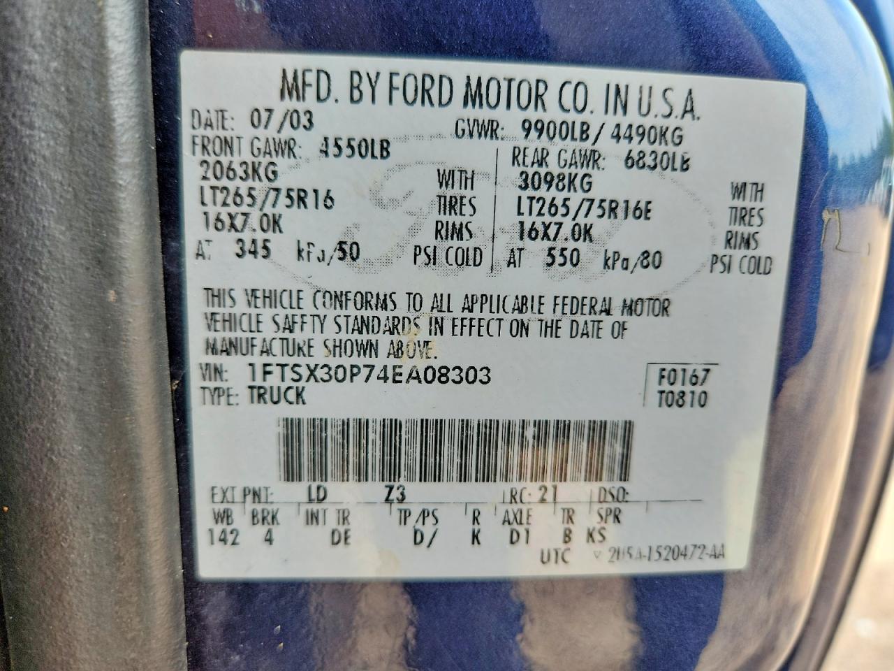 2004 Ford F350 Srw Super Duty Blue vin: 1FTSX30P74EA08303