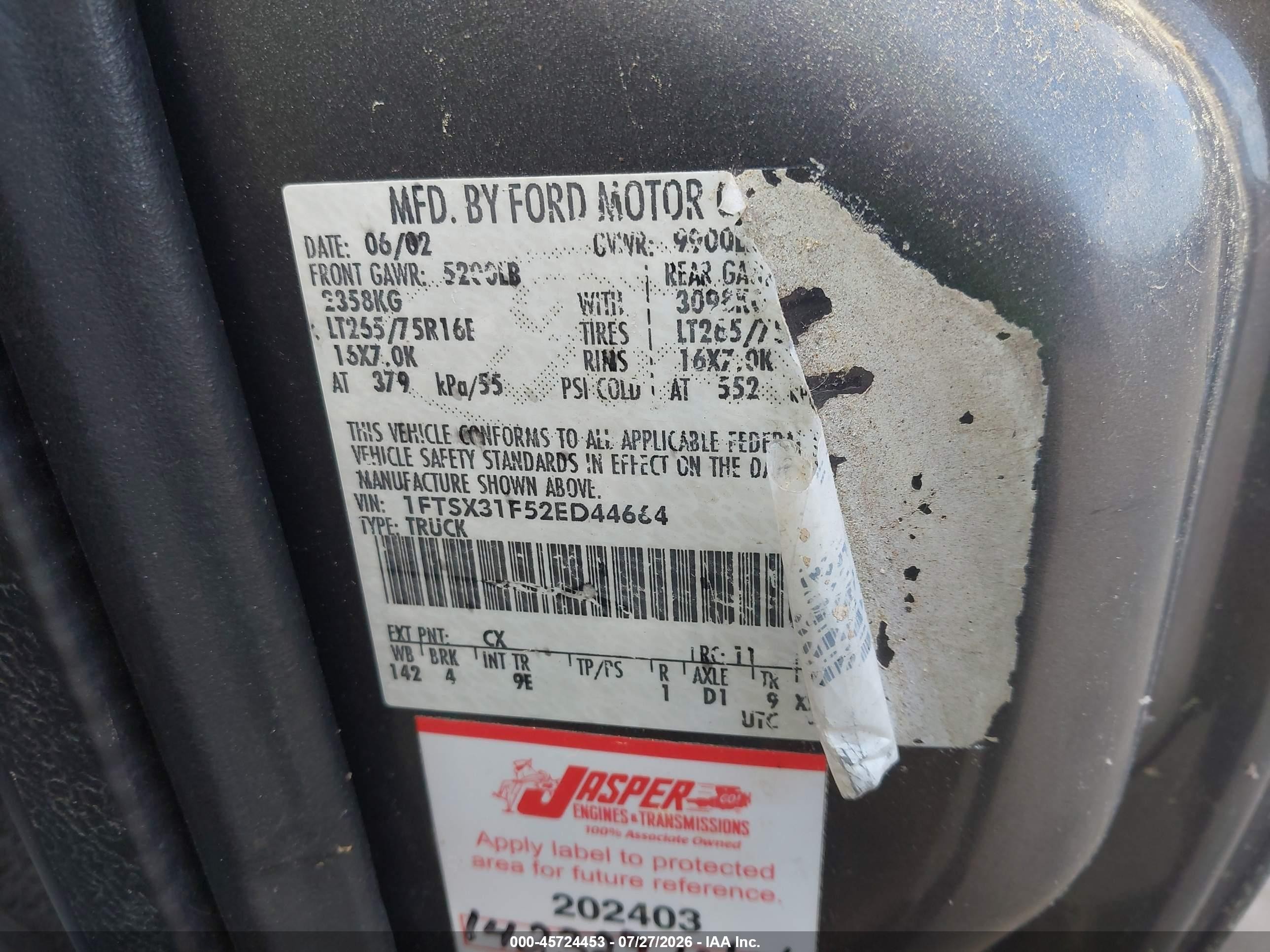 2002 Ford F-350 Lariat/xl/xlt Серый vin: 1FTSX31F52ED44664