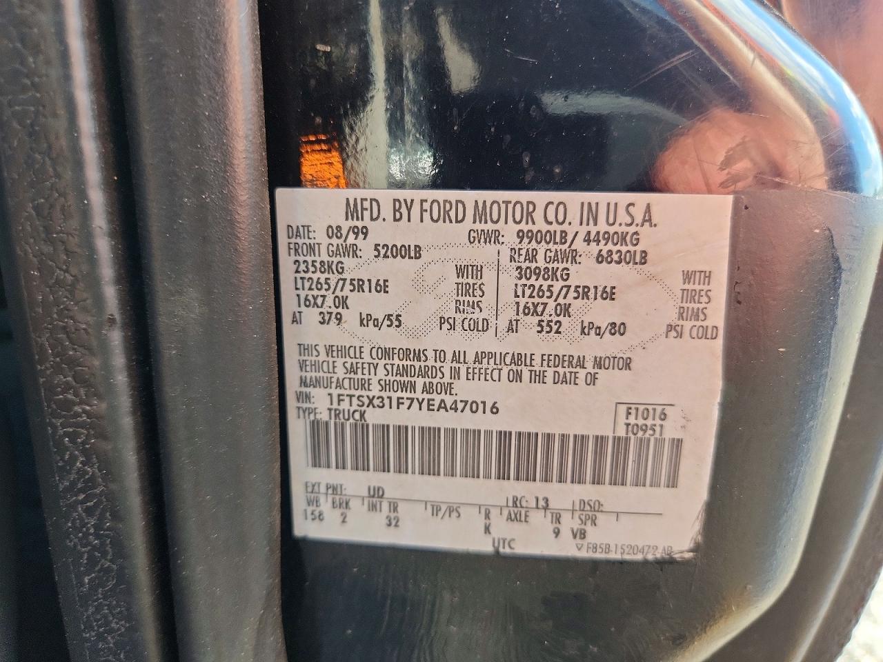 2000 Ford F350 Srw Super Duty Black vin: 1FTSX31F7YEA47016
