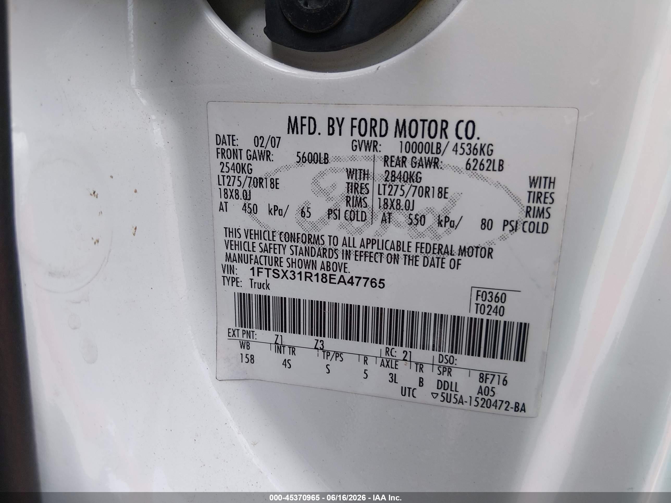 2008 Ford F-350 Fx4/lariat/xl/xlt White vin: 1FTSX31R18EA47765