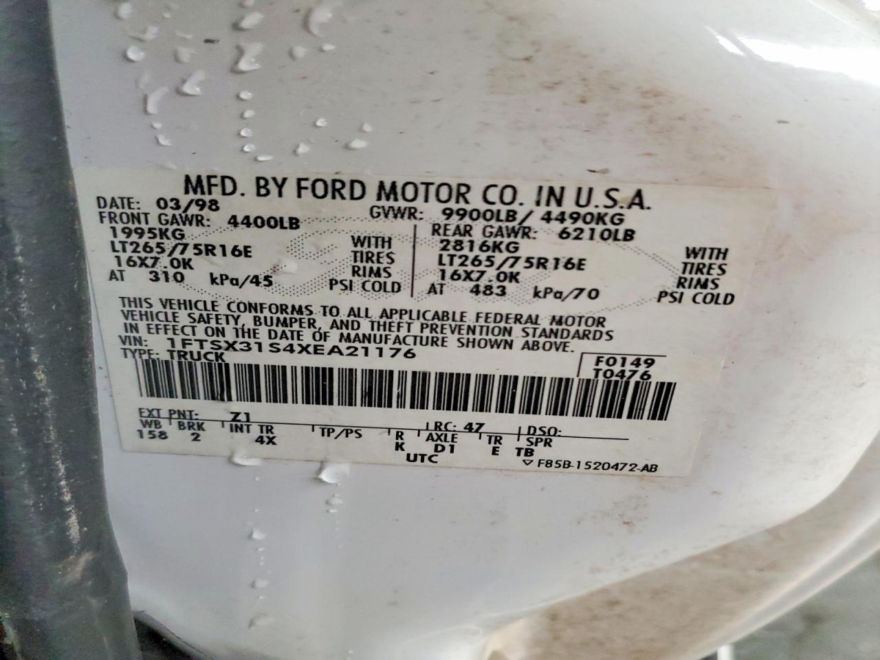 1999 Ford F350 Srw Super Duty White vin: 1FTSX31S4XEA21176
