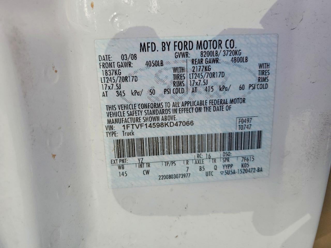 2008 Ford F150 White vin: 1FTVF14598KD47066