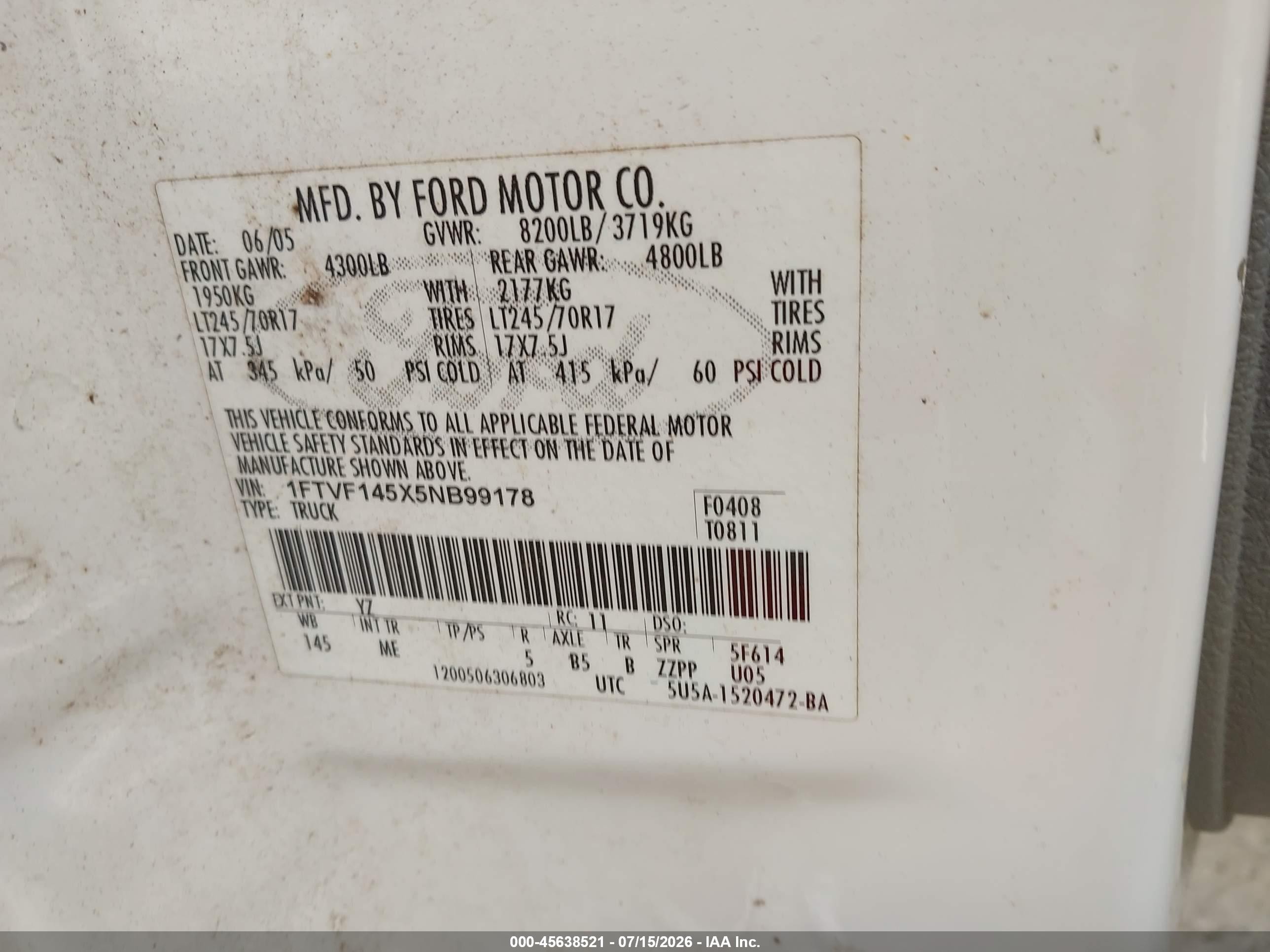 2005 Ford F-150 Fx4/xl/xlt Белый vin: 1FTVF145X5NB99178