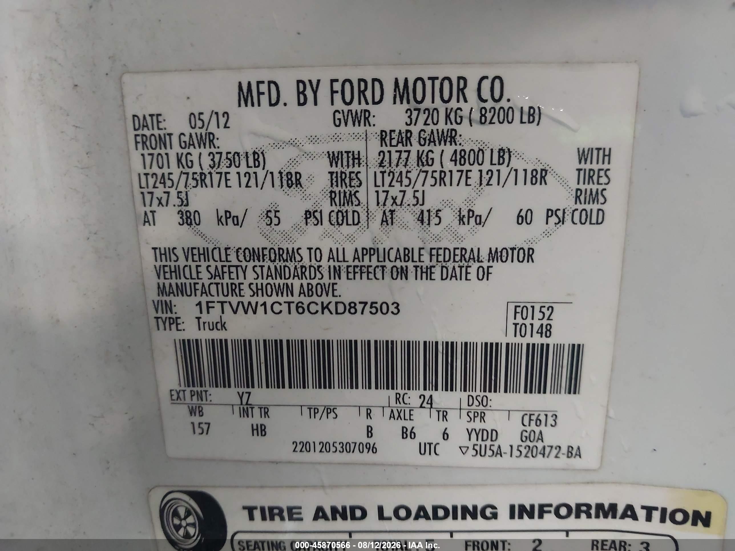 2012 Ford F-150 Lariat W/hd Payload Pkg White vin: 1FTVW1CT6CKD87503