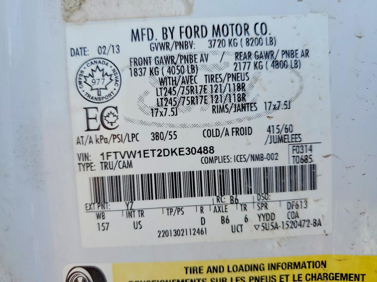 2013 Ford F150 Supercrew Белый vin: 1FTVW1ET2DKE30488
