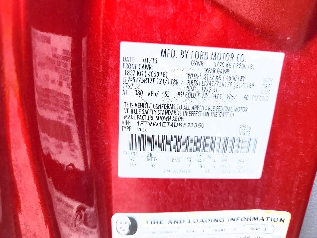 2013 Ford F150 Supercrew Red vin: 1FTVW1ET4DKE23350