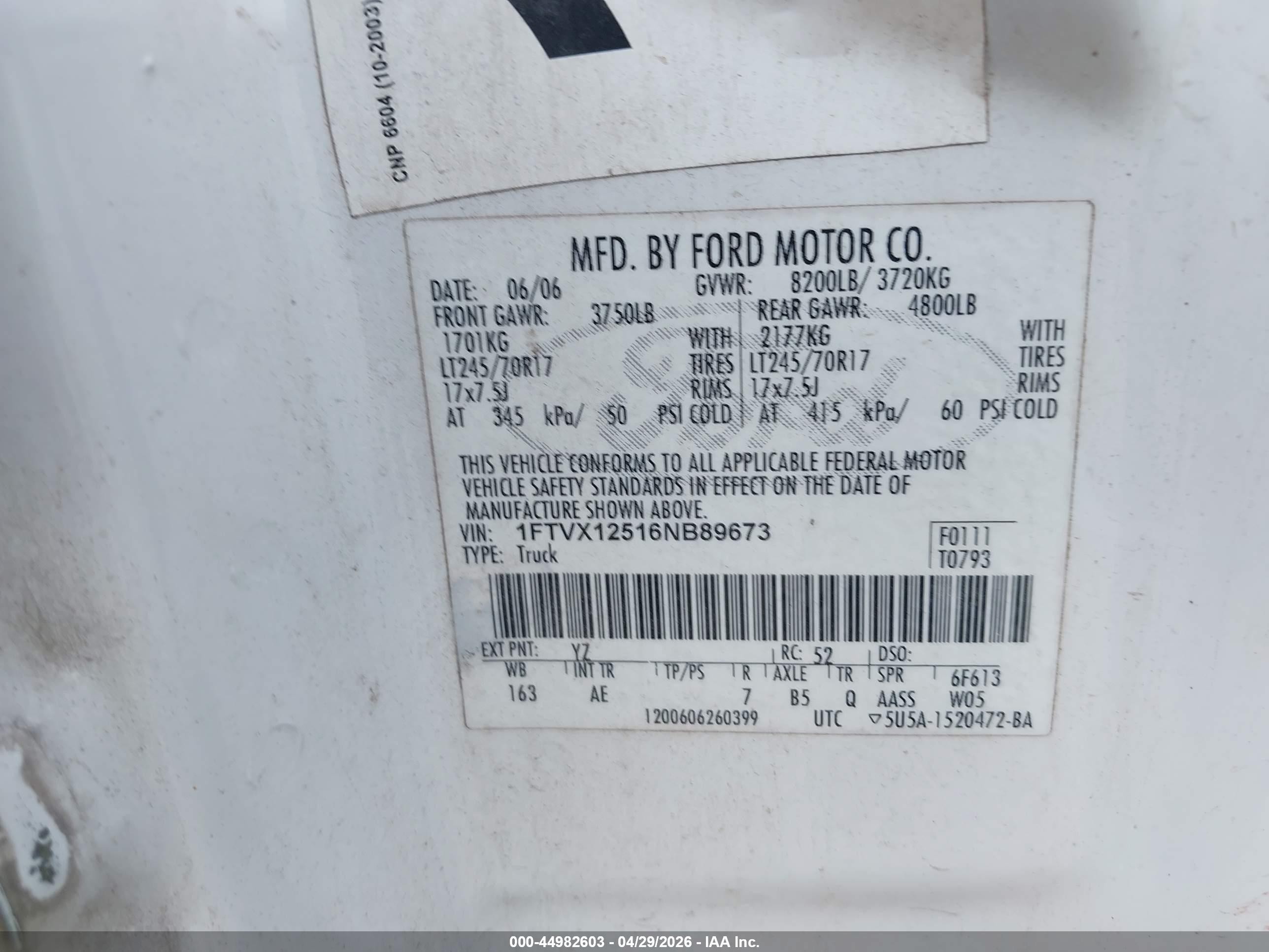 2006 Ford F-150 Lariat/xl/xlt White vin: 1FTVX12516NB89673