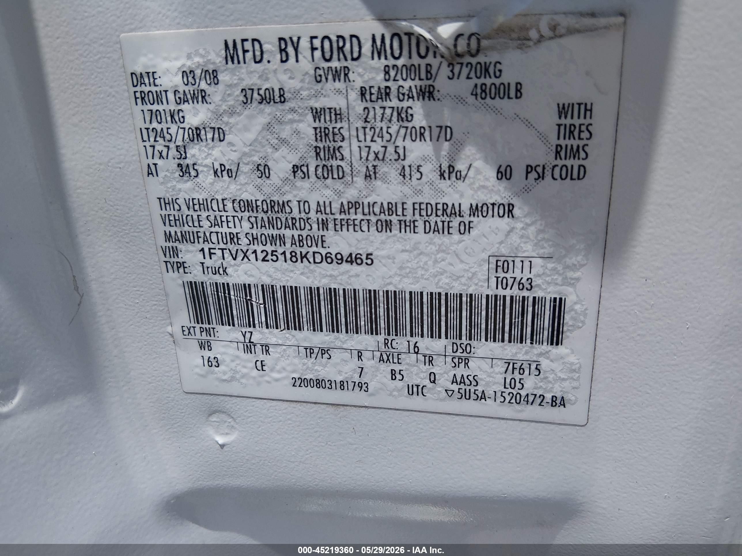 2008 Ford F-150 Xl/xlt White vin: 1FTVX12518KD69465
