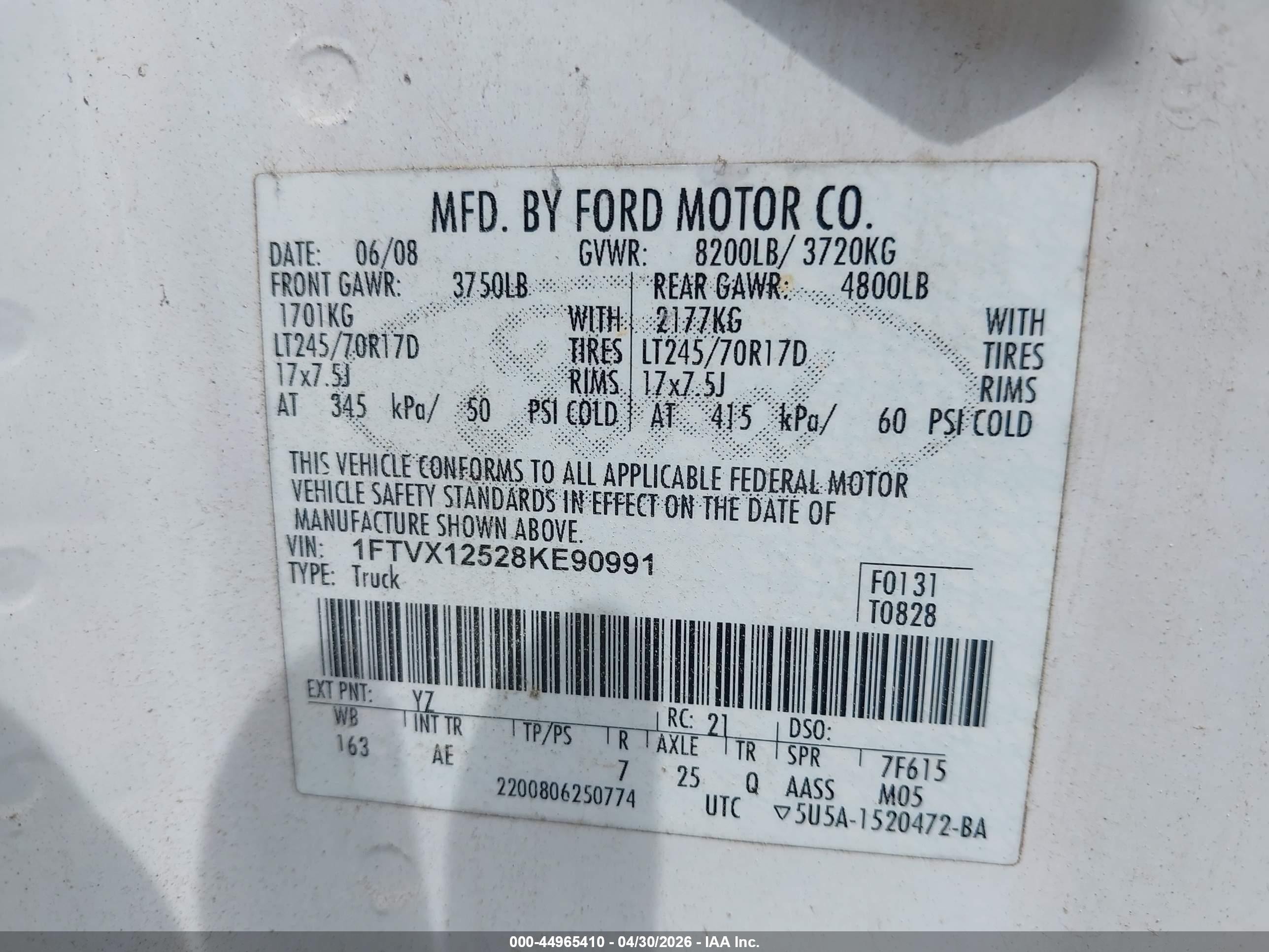 2008 Ford F-150 Xl/xlt White vin: 1FTVX12528KE90991