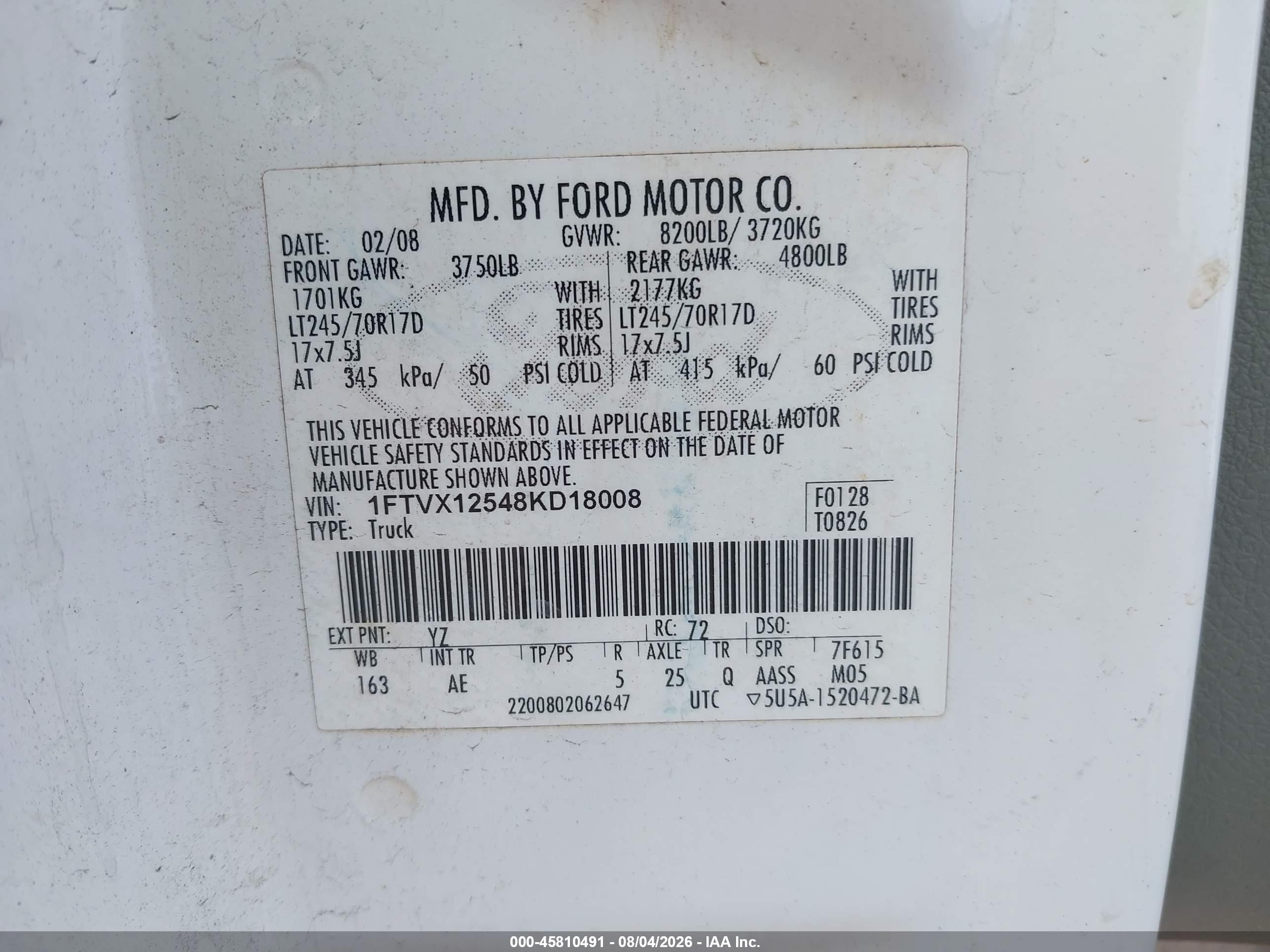 2008 Ford F-150 Xl/xlt White vin: 1FTVX12548KD18008
