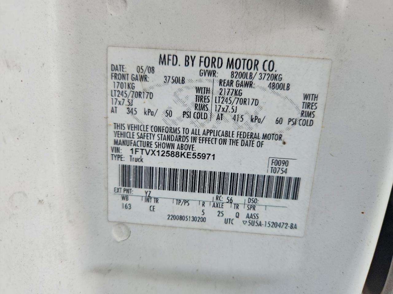 2008 Ford F150 White vin: 1FTVX12588KE55971