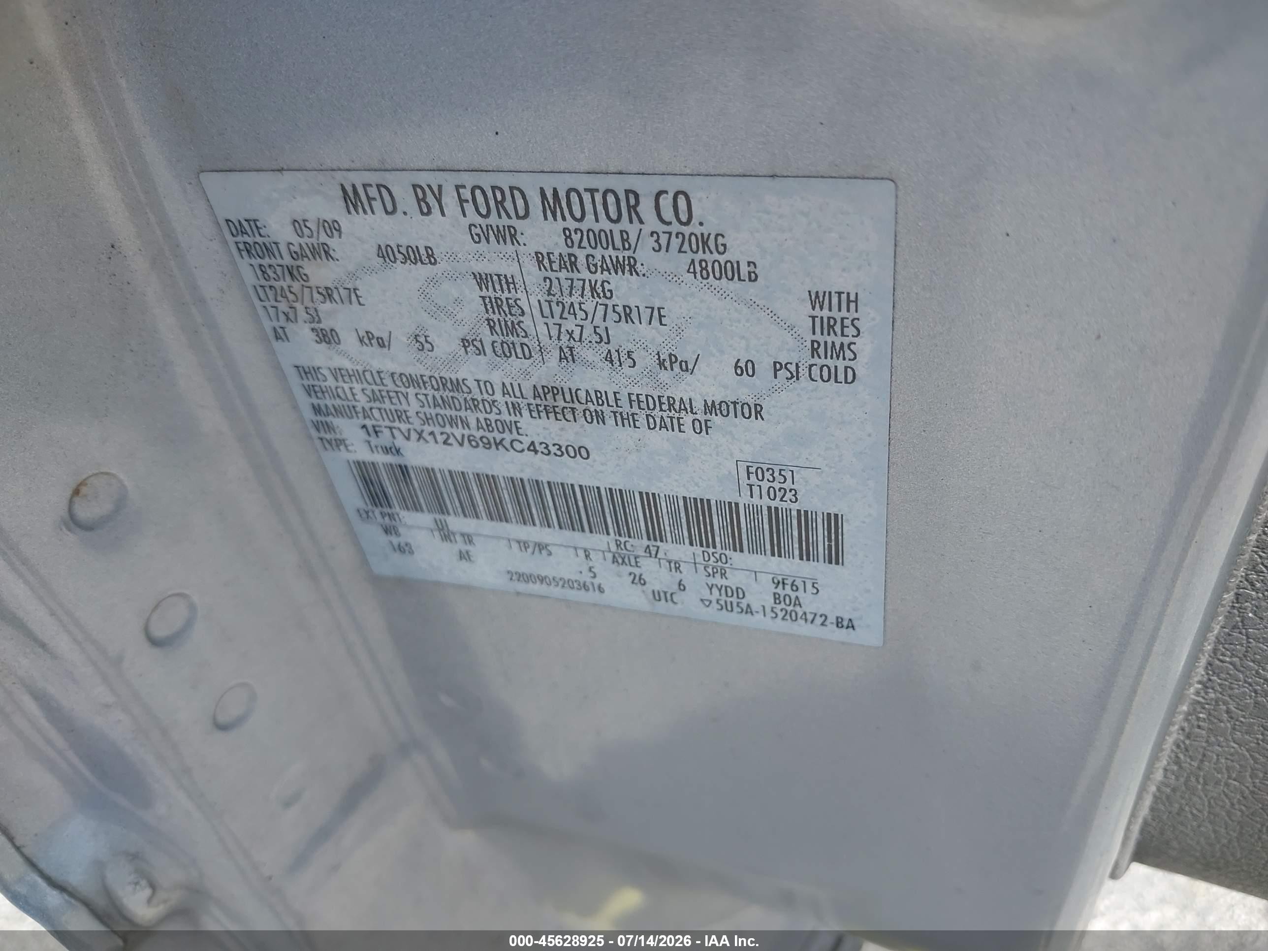 2009 Ford F-150 Xl/xl W/midbox Prep/xlt/xlt W/midbox Prep Silver vin: 1FTVX12V69KC43300