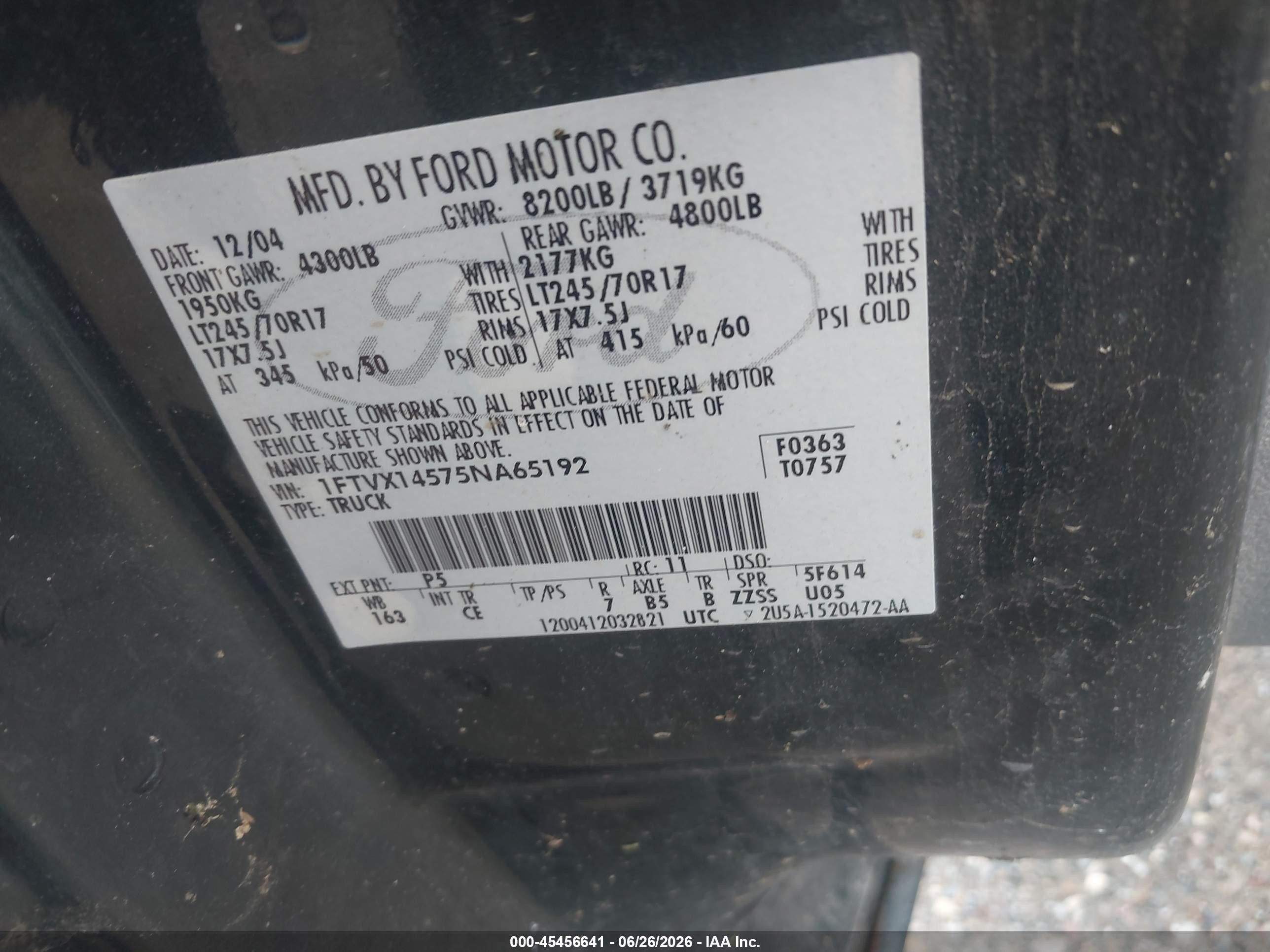 2005 Ford F-150 Fx4/lariat/xl/xlt Green vin: 1FTVX14575NA65192