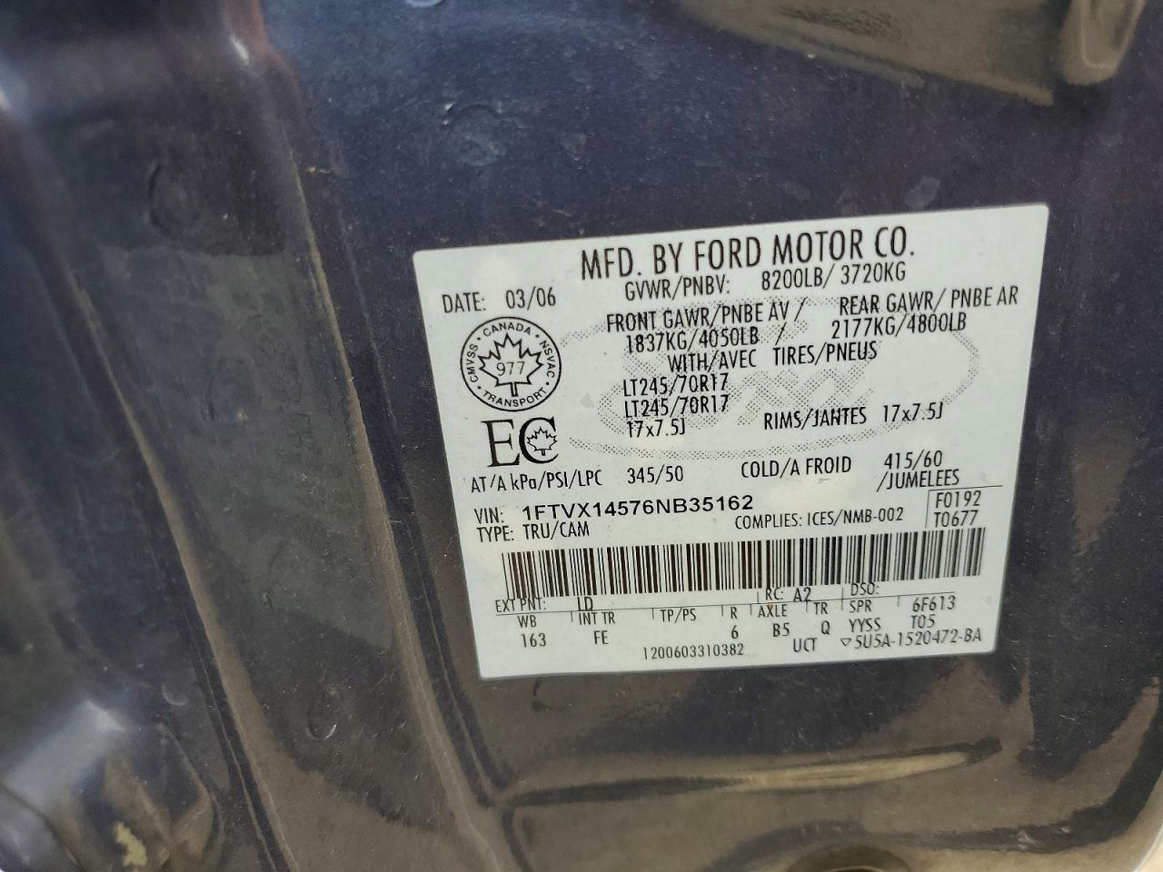 2006 Ford F150 Blue vin: 1FTVX14576NB35162