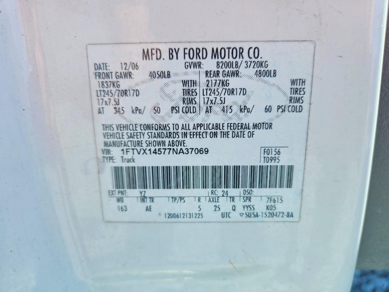 2007 Ford F150 White vin: 1FTVX14577NA37069