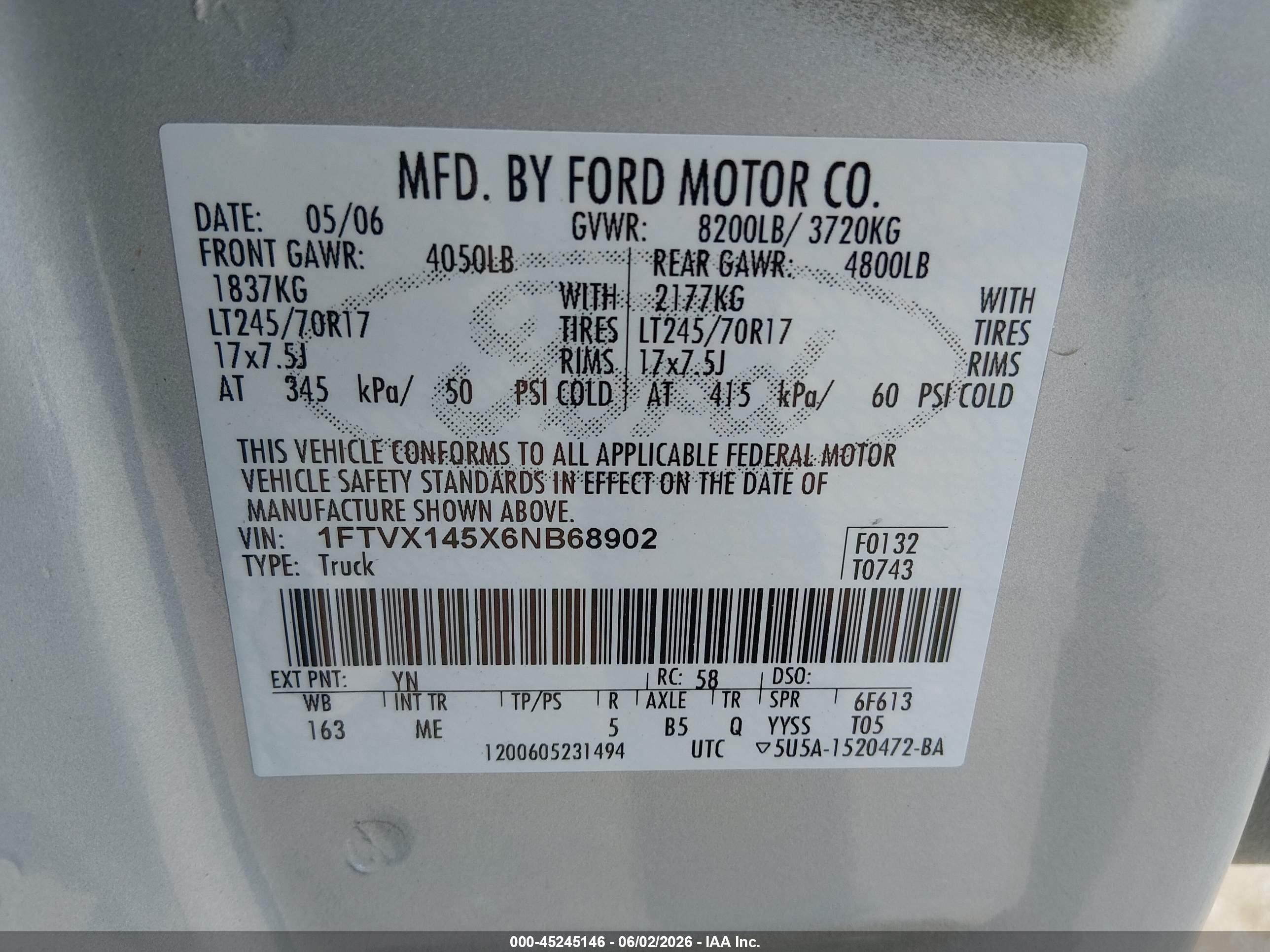 2006 Ford F-150 Fx4/lariat/xl/xlt Silver vin: 1FTVX145X6NB68902