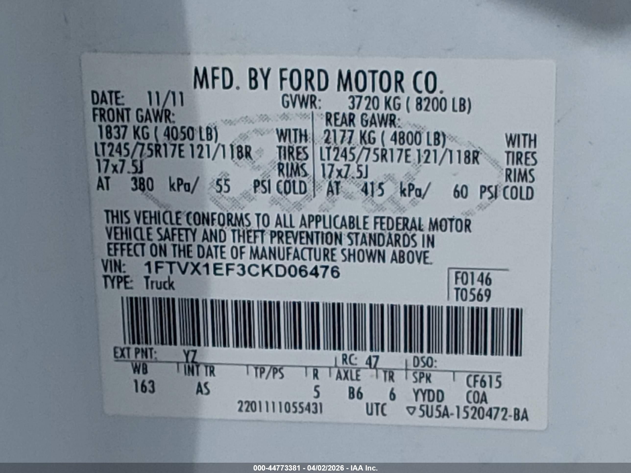 2012 Ford F-150 Xl Белый vin: 1FTVX1EF3CKD06476