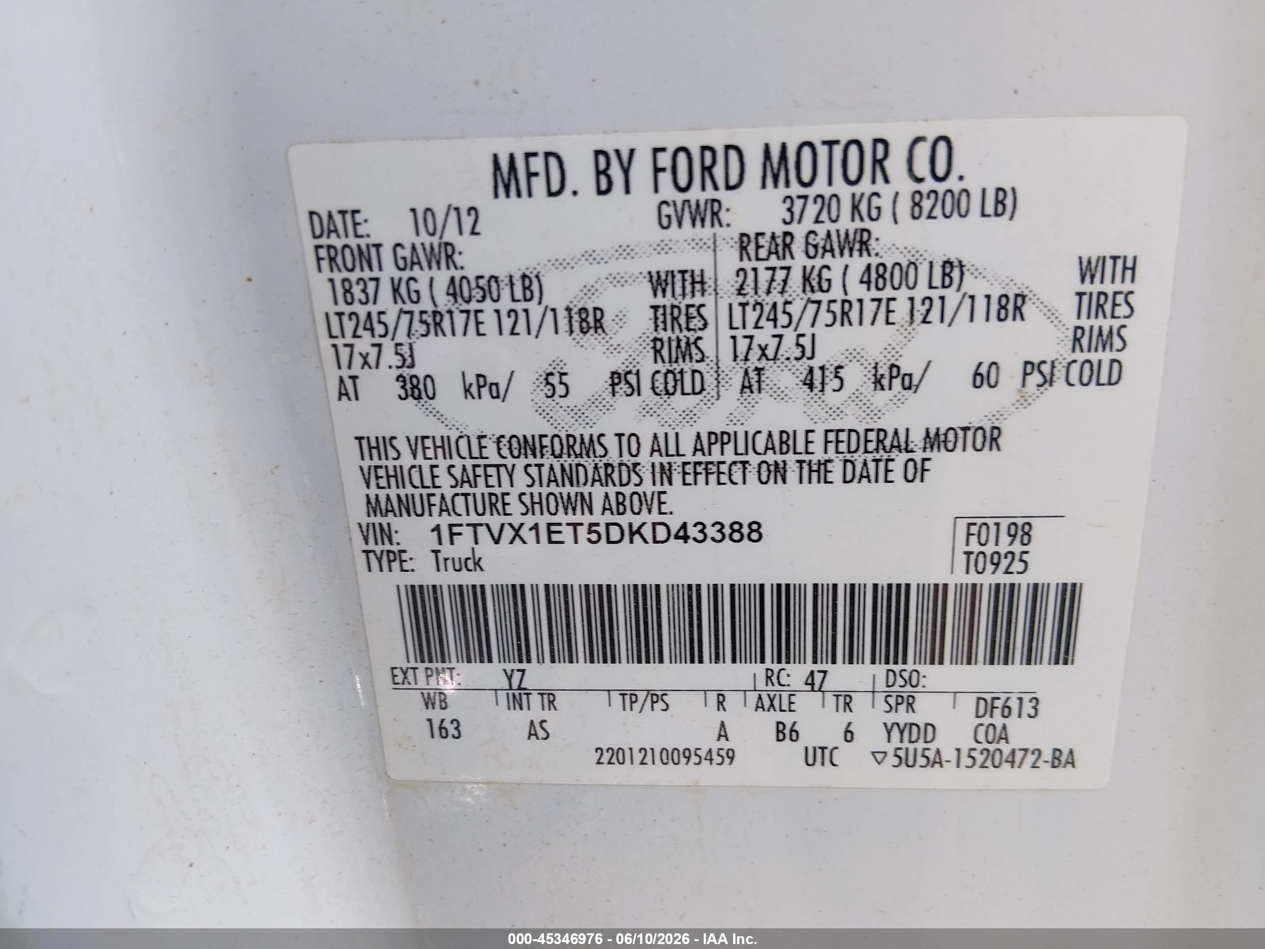 2013 Ford F-150 Xl W/hd Payload Pkg White vin: 1FTVX1ET5DKD43388