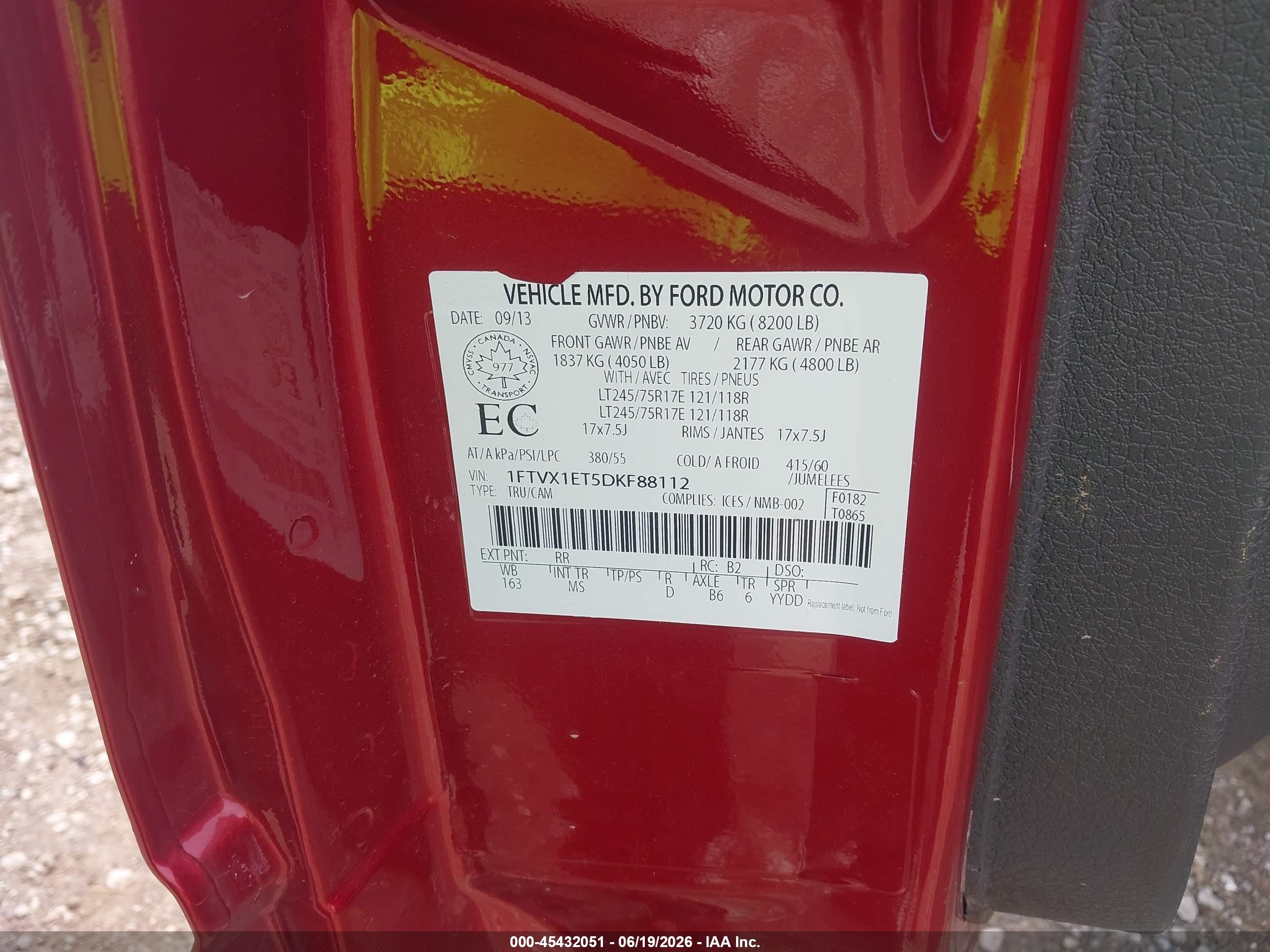 2013 Ford F-150 Xl W/hd Payload Pkg/xlt W/hd Payload Pkg Red vin: 1FTVX1ET5DKF88112