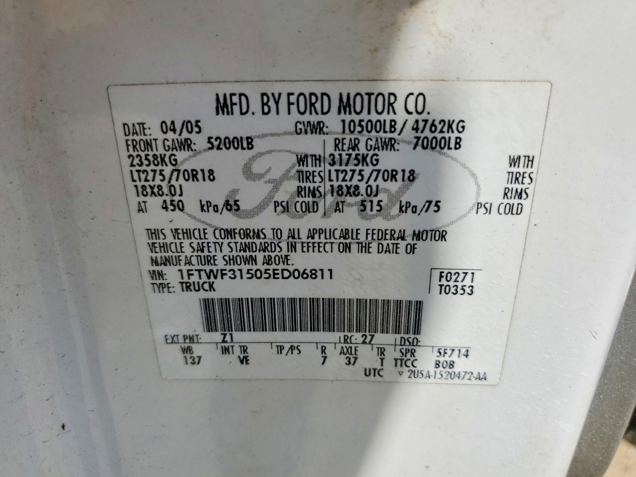2005 Ford F350 Srw Super Duty Белый vin: 1FTWF31505ED06811