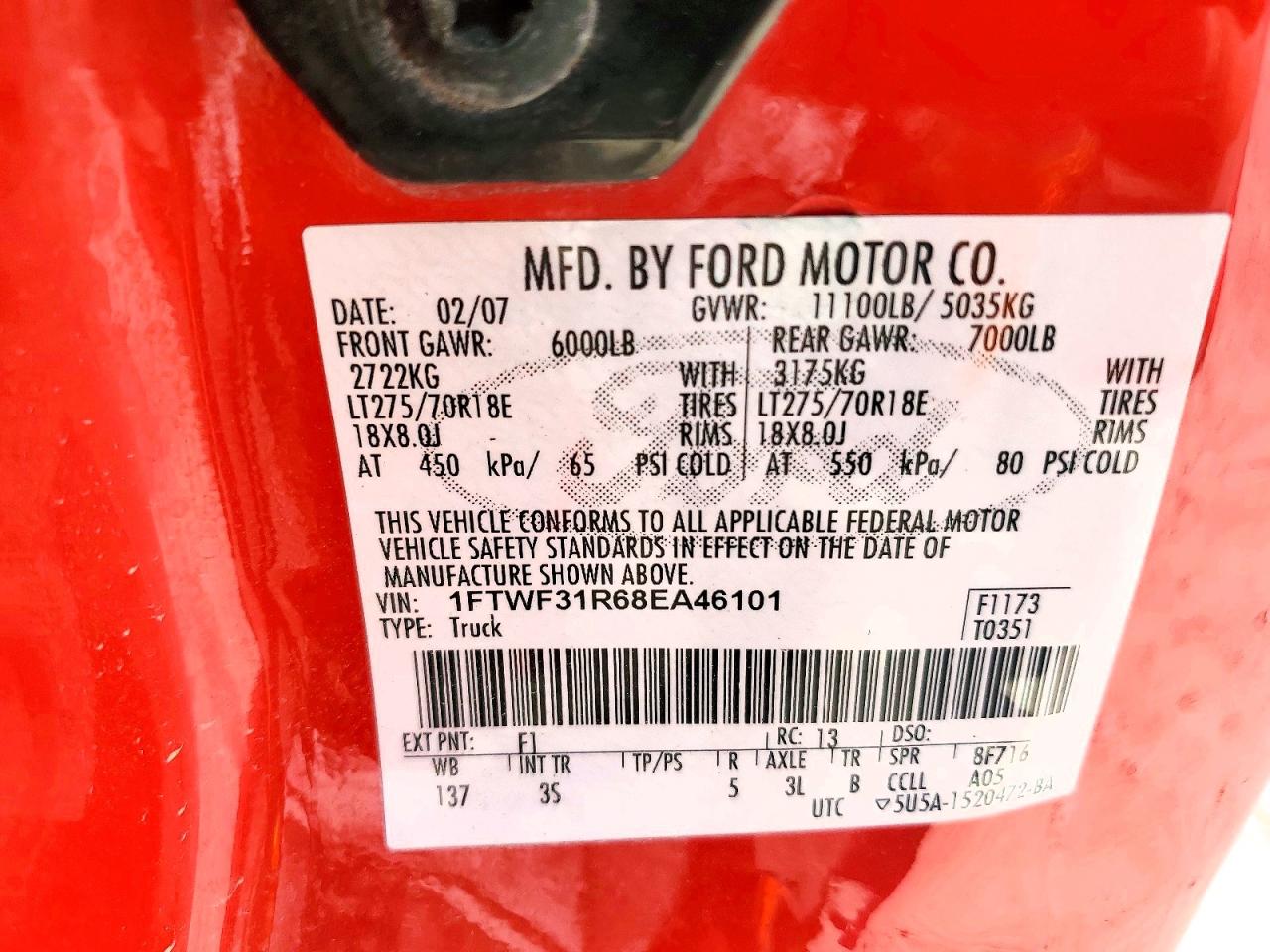 2008 Ford F350 Srw Super Duty Красный vin: 1FTWF31R68EA46101