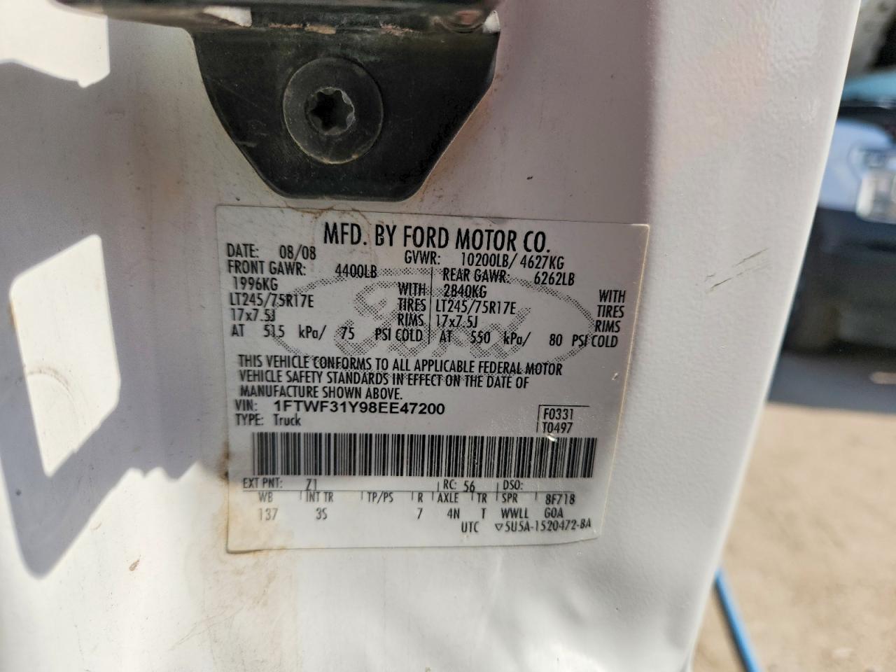 2008 Ford F350 Srw Super Duty White vin: 1FTWF31Y98EE47200