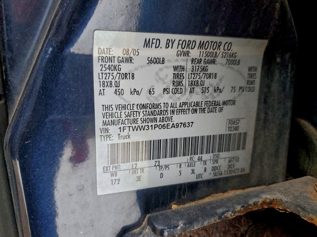2006 Ford F350 Srw Super Duty Blue vin: 1FTWW31P06EA97637
