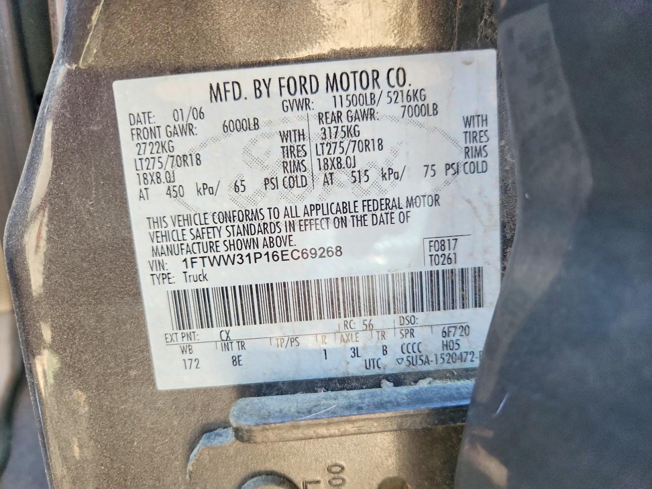 2006 Ford F350 Srw Super Duty Charcoal vin: 1FTWW31P16EC69268