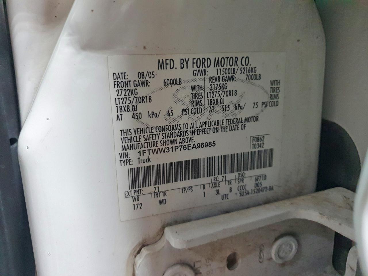 2006 Ford F350 Srw Super Duty White vin: 1FTWW31P76EA96985