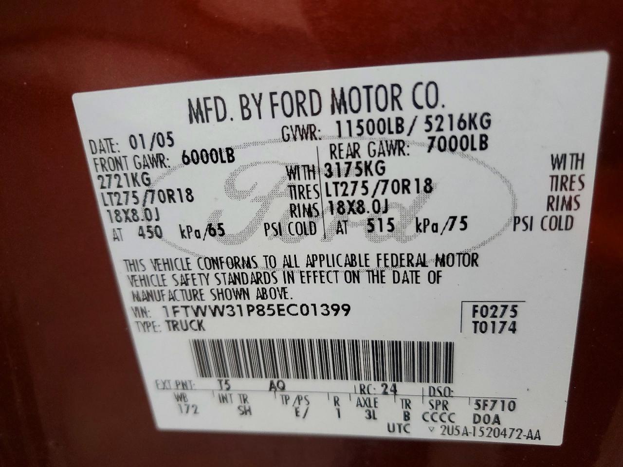 2005 Ford F350 Srw Super Duty Maroon vin: 1FTWW31P85EC01399