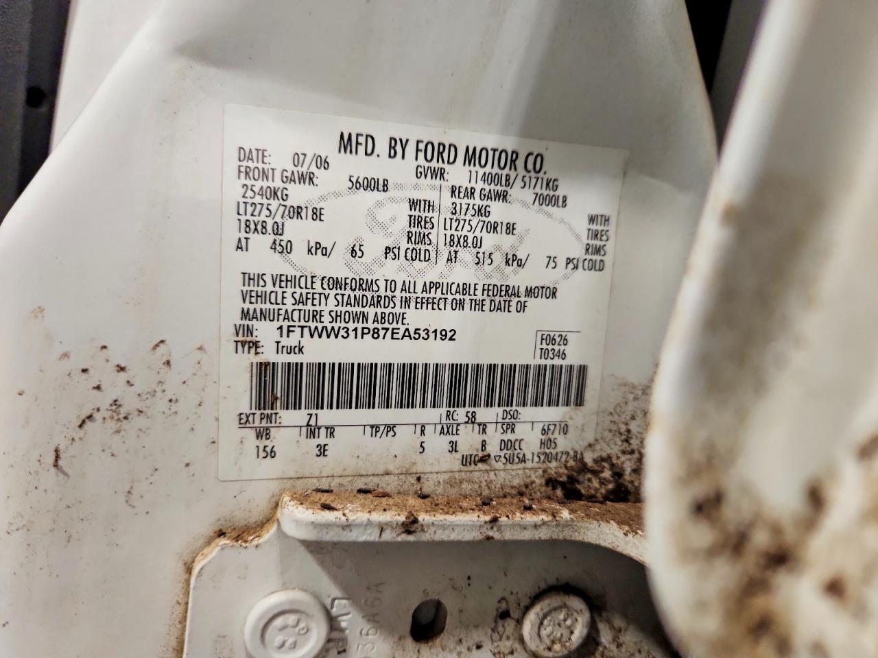 2007 Ford F350 Srw Super Duty White vin: 1FTWW31P87EA53192