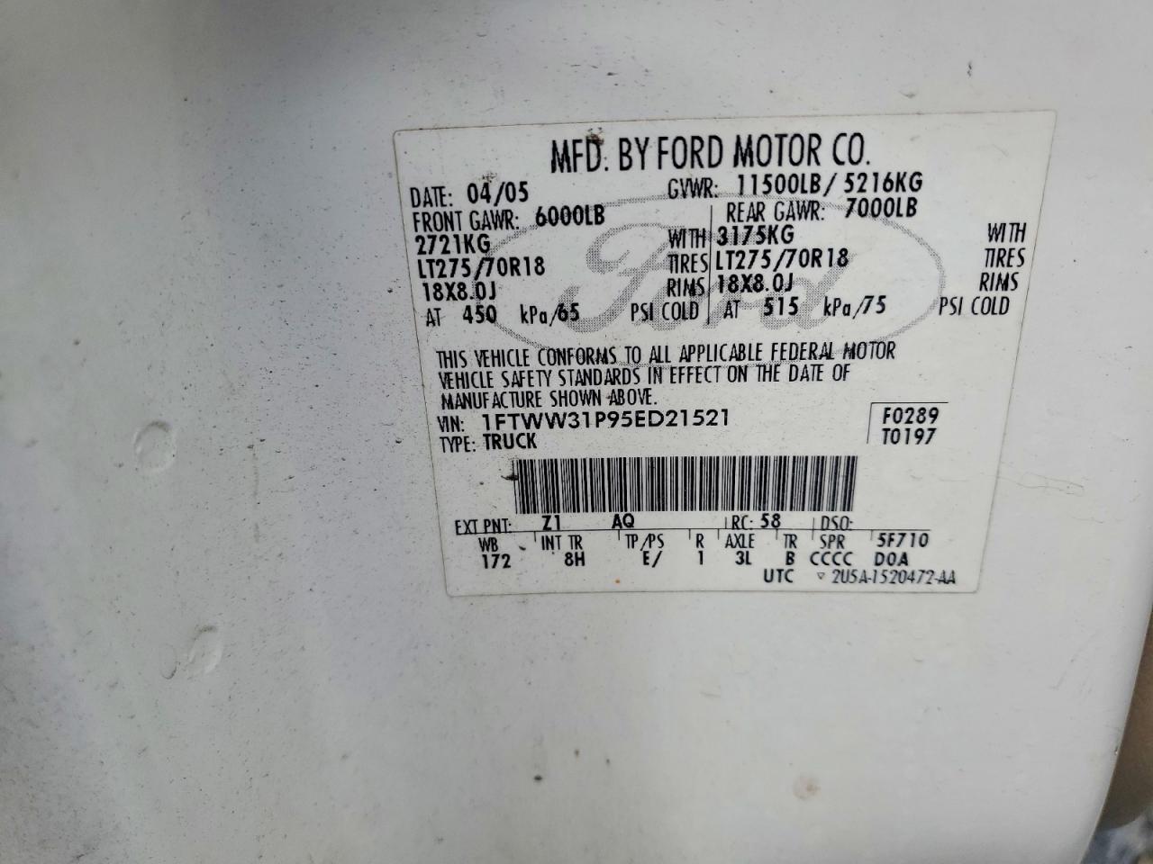 2005 Ford F350 Srw Super Duty White vin: 1FTWW31P95ED21521
