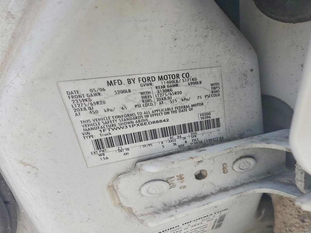 2006 Ford F350 Srw Super Duty White vin: 1FTWW31PX6ED88842