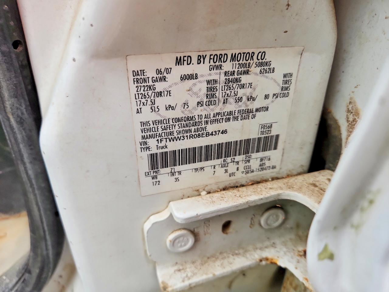 2008 Ford F350 Srw Super Duty White vin: 1FTWW31R08EB43746