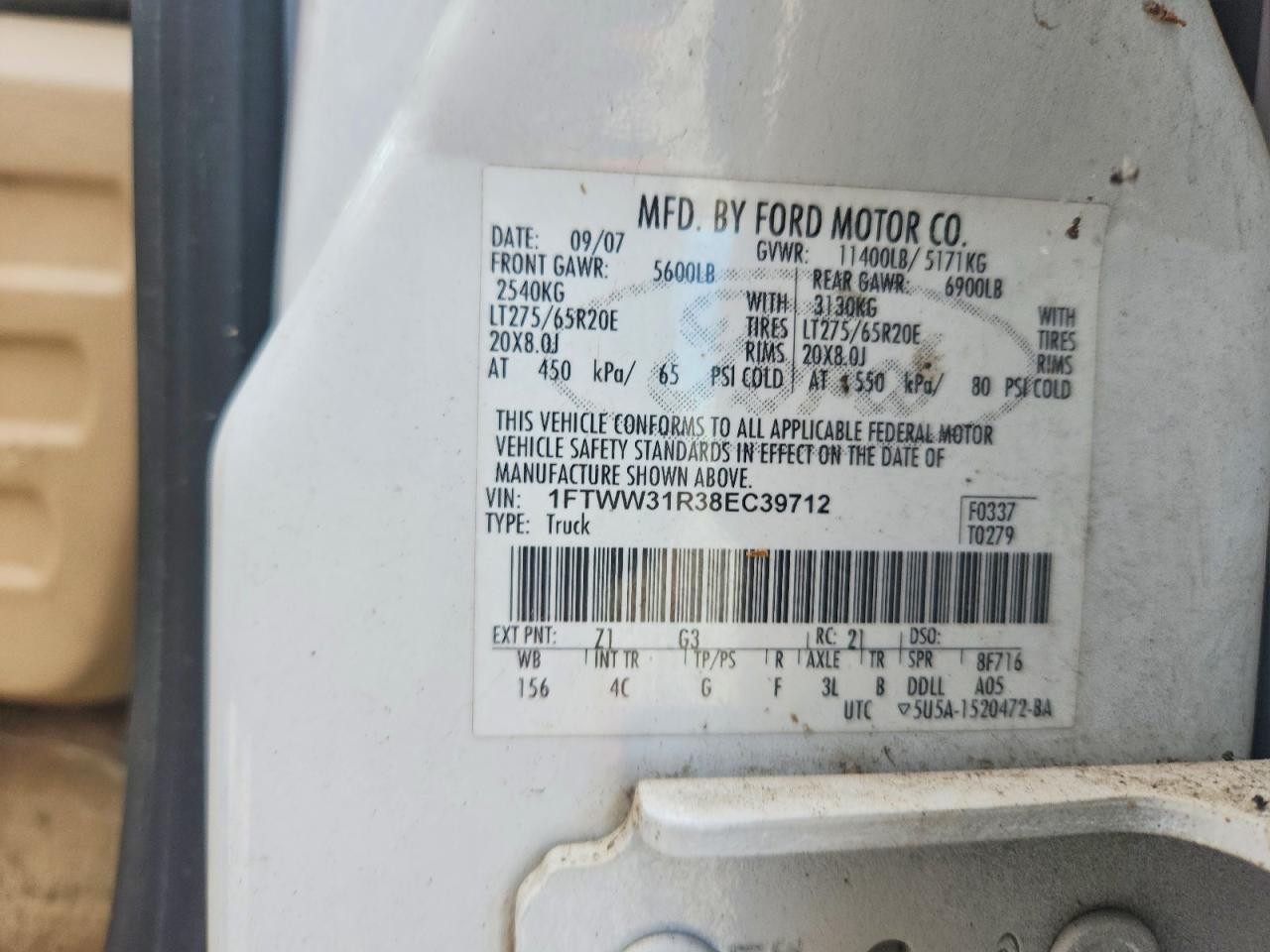 2008 Ford F350 Srw Super Duty White vin: 1FTWW31R38EC39712