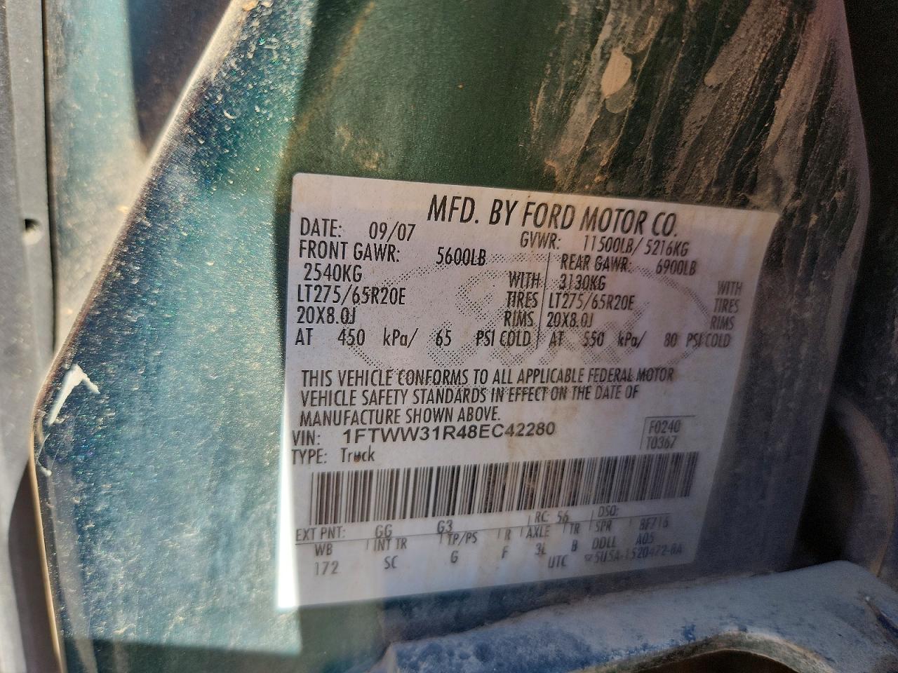 2008 Ford F350 Srw Super Duty Green vin: 1FTWW31R48EC42280