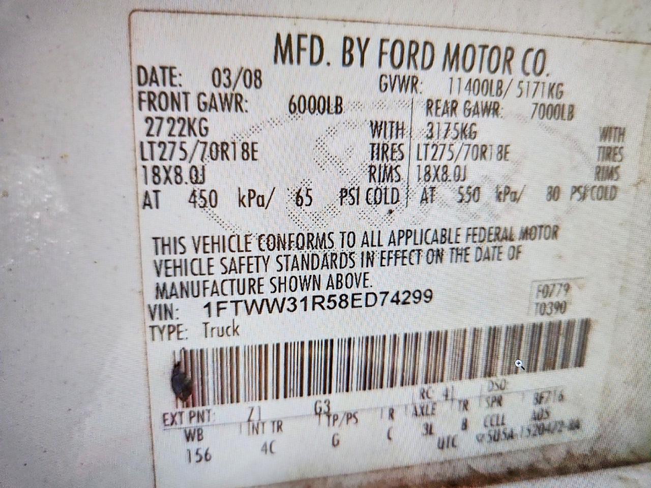 2008 Ford F350 Srw Super Duty White vin: 1FTWW31R58ED74299