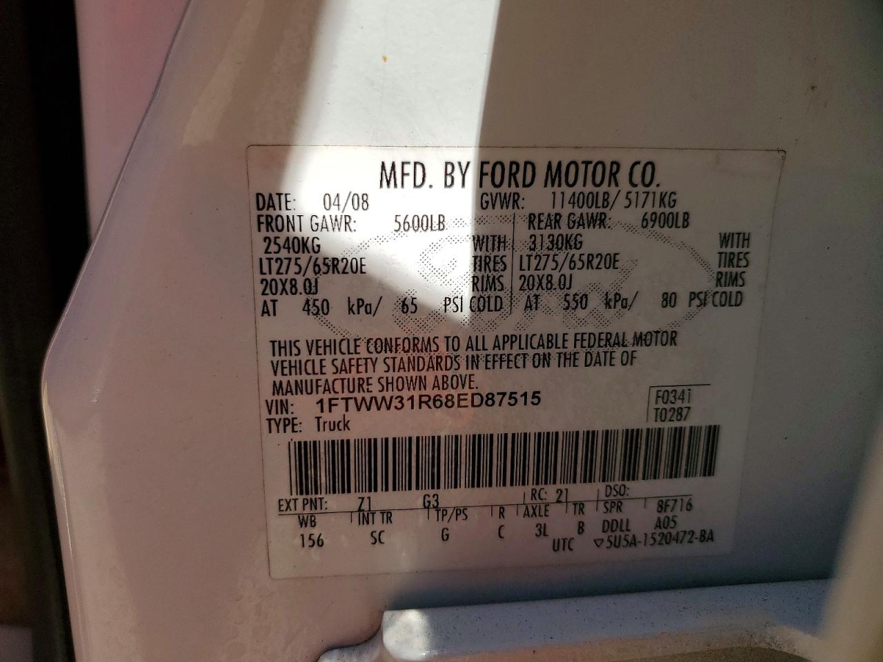 2008 Ford F350 Srw Super Duty White vin: 1FTWW31R68ED87515