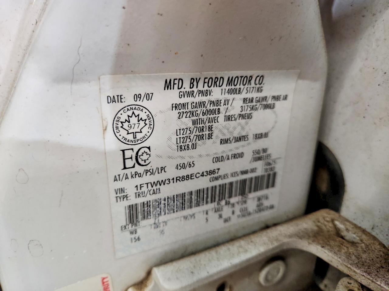 2008 Ford F350 Srw Super Duty White vin: 1FTWW31R88EC43867